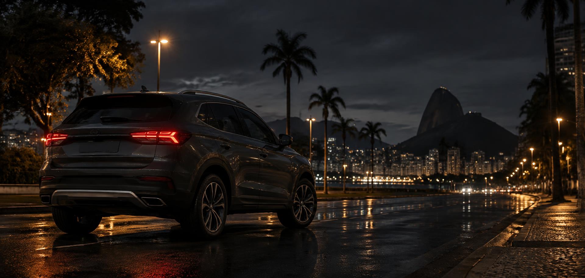 SUV premium em estrada molhada à noite com iluminação azul