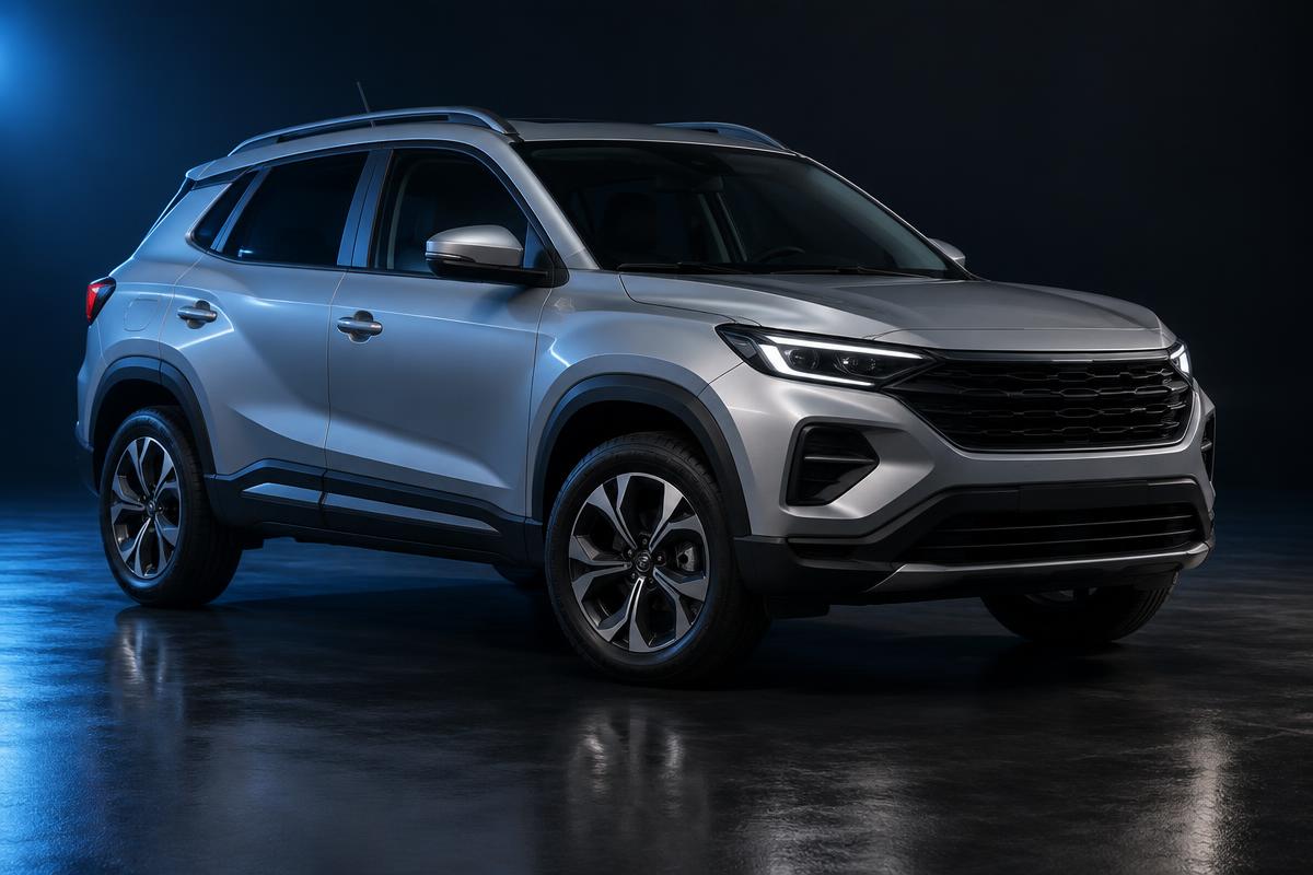Crossover prata em estúdio escuro com iluminação lateral azul