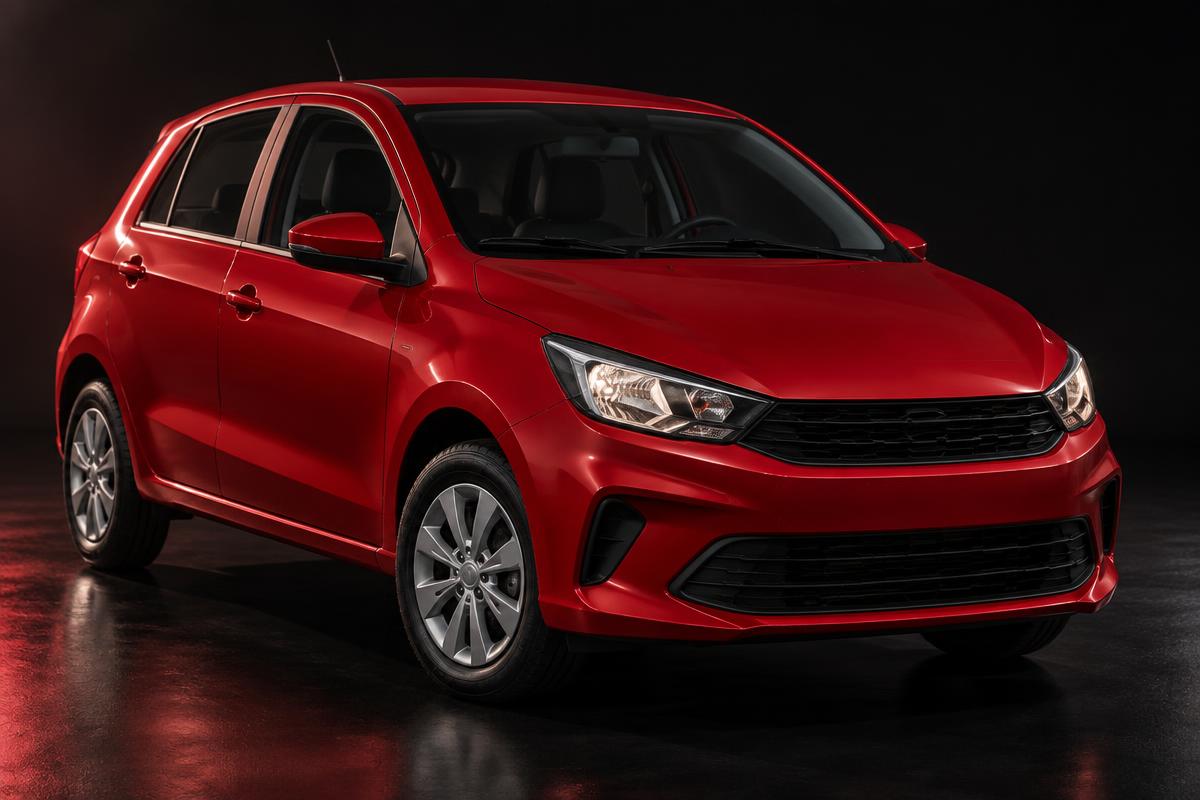 Hatch compacto vermelho em estúdio escuro